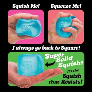 Hands squeezing blue squishy toy, returns to square.