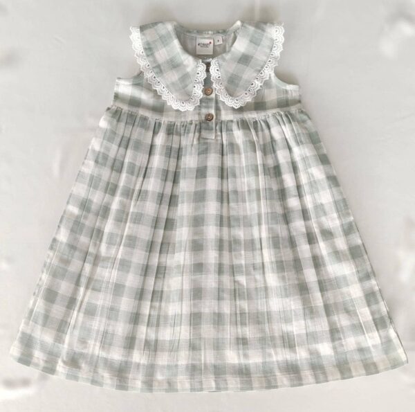 yo baby sage checks dress with delicate lace peter pan collar Plaid dress with lace collar for infants.