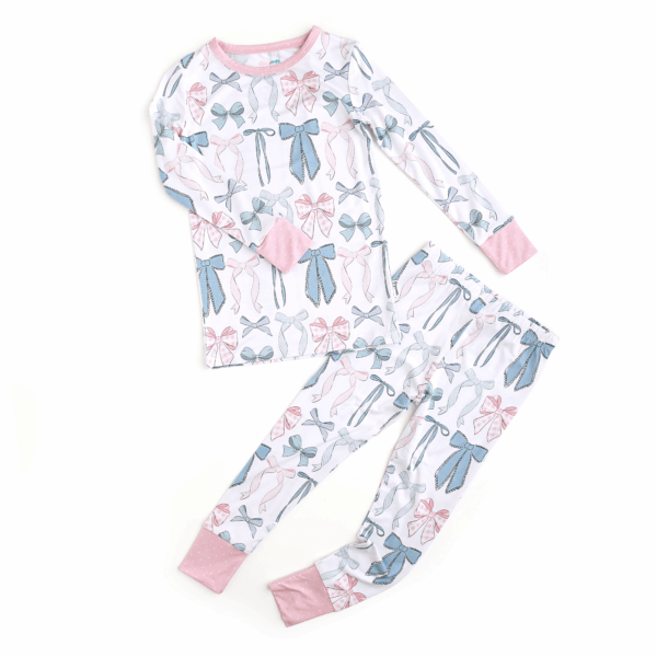 gigi and max samantha bows two piece no button bamboo kids lounge Children's pajamas with colorful bows pattern