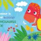 Cartoon dinosaur with colorful jungle, text about T-Rex.