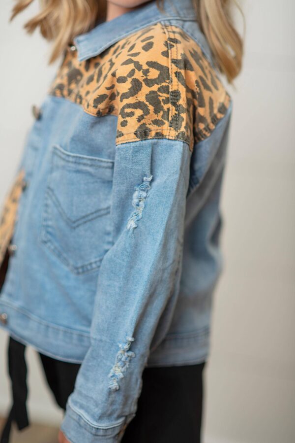 oopsie daisy kids leopard patch & light wash denim button pocket jacket Denim jacket with leopard print detail.