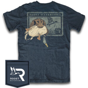 Roost Waterfowl shirt with dog and duck design
