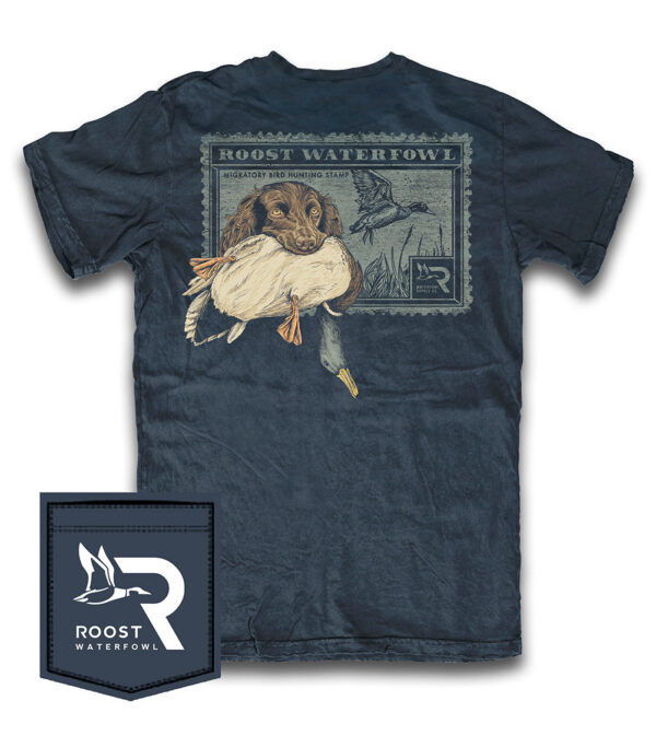 Roost Waterfowl shirt with dog and duck design