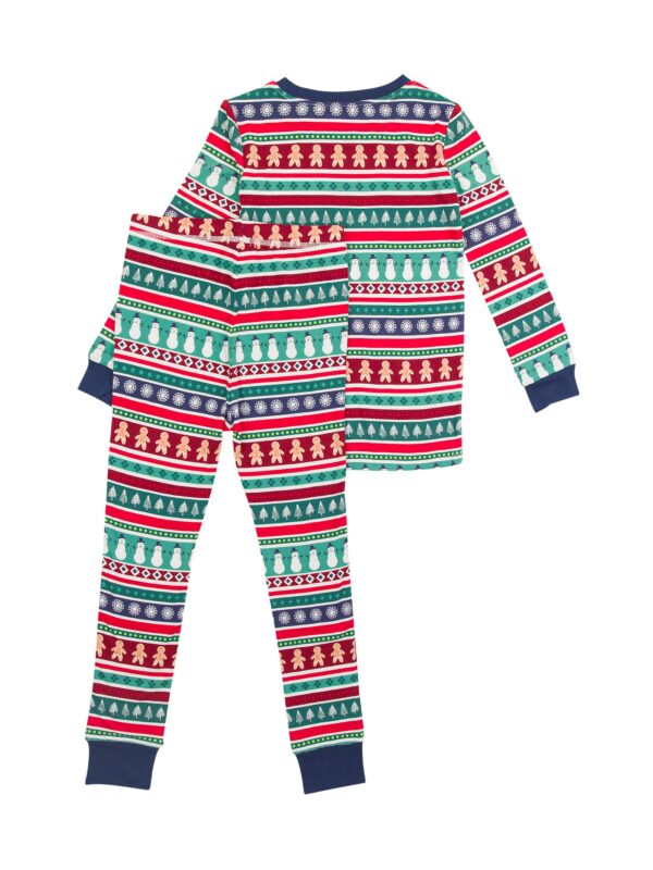 rufflebutts + ruggedbutts boys fair isle friends bamboo viscose long sleeve pajama set Festive Christmas-themed children's pajamas with snowman patterns.