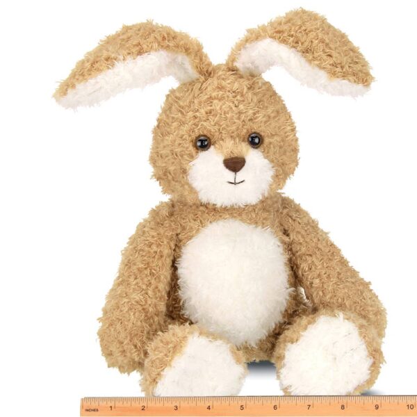 bearington collection scruffles the brown bunny Fluffy stuffed bunny with ruler for size reference.
