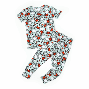 Robot-themed pajamas for kids, colorful pattern.