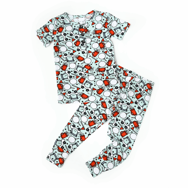 Robot-themed pajamas for kids, colorful pattern.