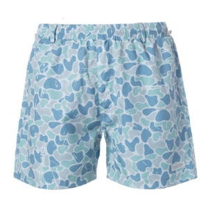 Blue camouflage swim trunks with elastic waistband.