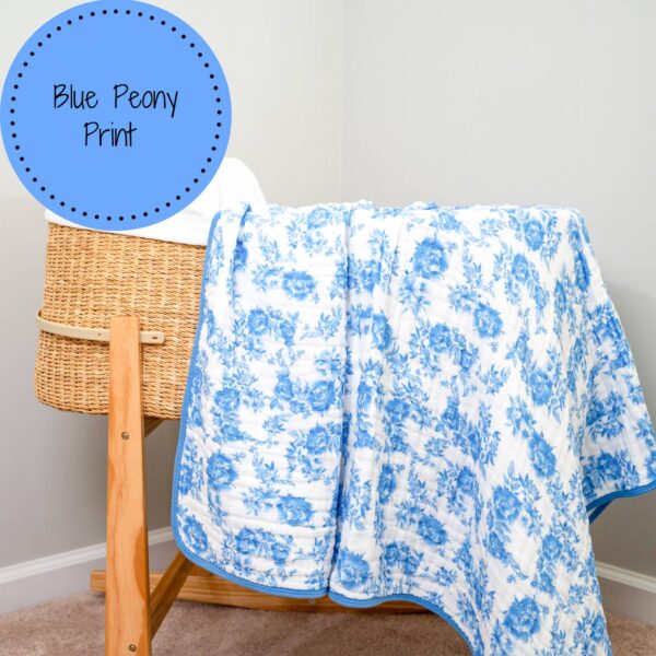 lollybanks a peony for your thoughts baby toddler muslin quilt Blue peony print blanket on wicker basket