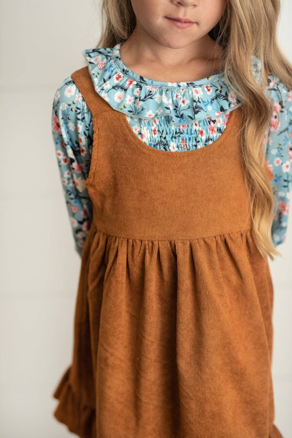 wren & james kids blue floral smocked top & caramel corduroy jumper set Child in floral shirt and brown dress
