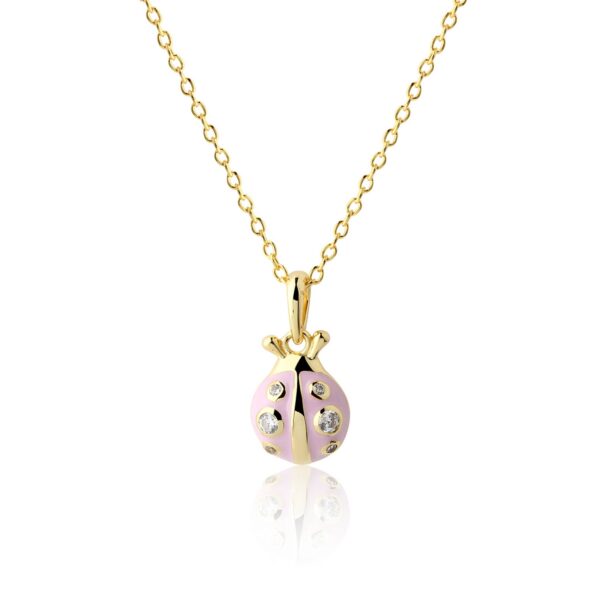 cherished moments 14k gold plated pink ladybug necklace for child, girls, kids Gold necklace with pink ladybug pendant