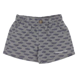 Gray shorts with fish pattern and drawstring waist.