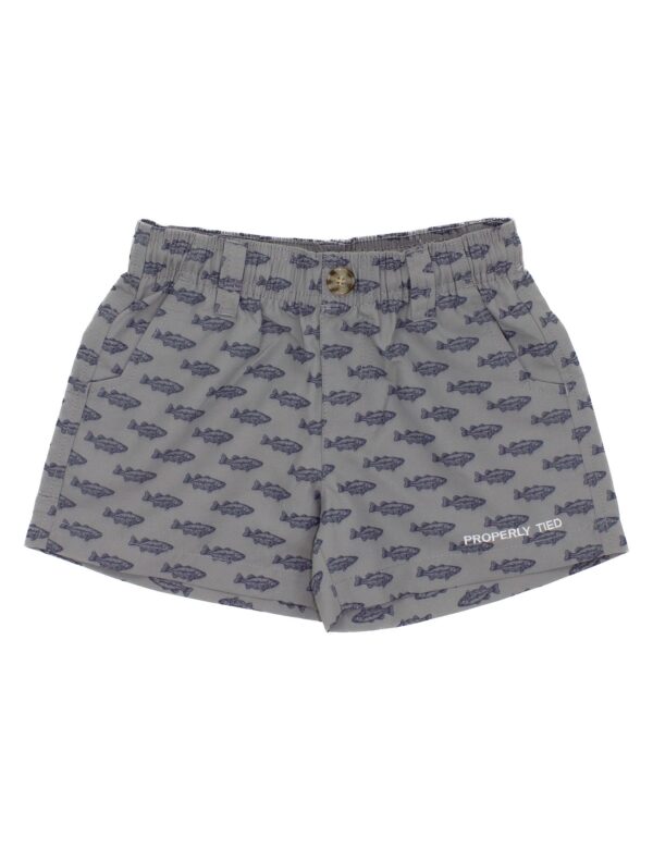 Gray shorts with fish pattern and drawstring waist.