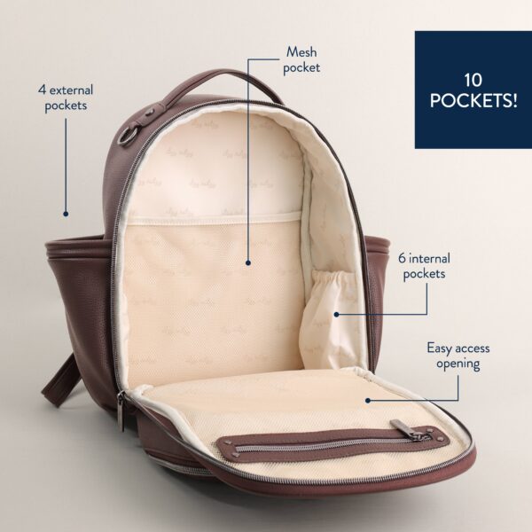 itzy ritzy *new* espresso itzy mini plus™ Backpack with 10 pockets, shown open.