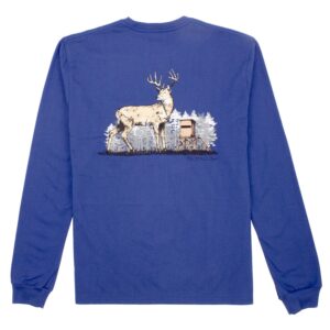 Blue shirt with deer and trees illustration