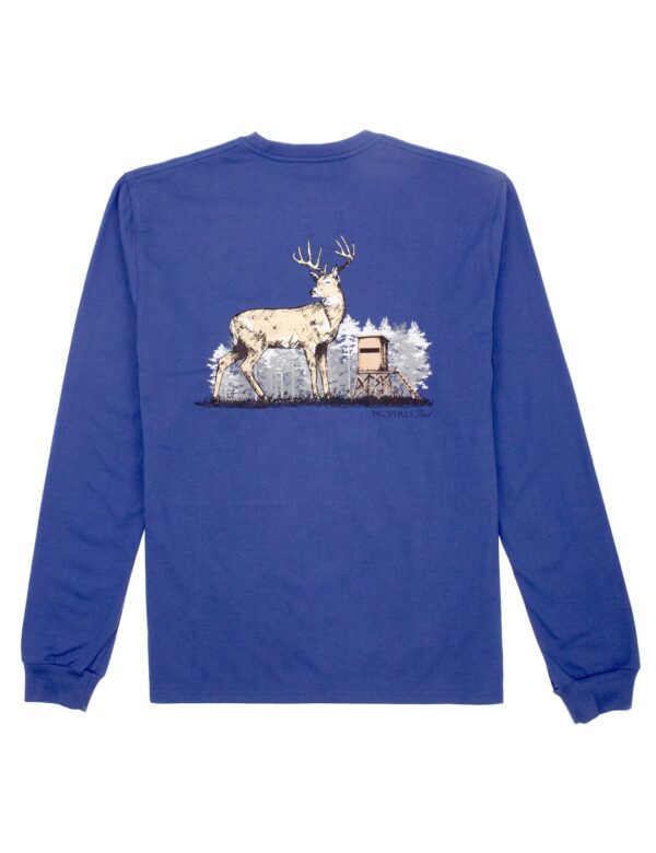 Blue shirt with deer and trees illustration