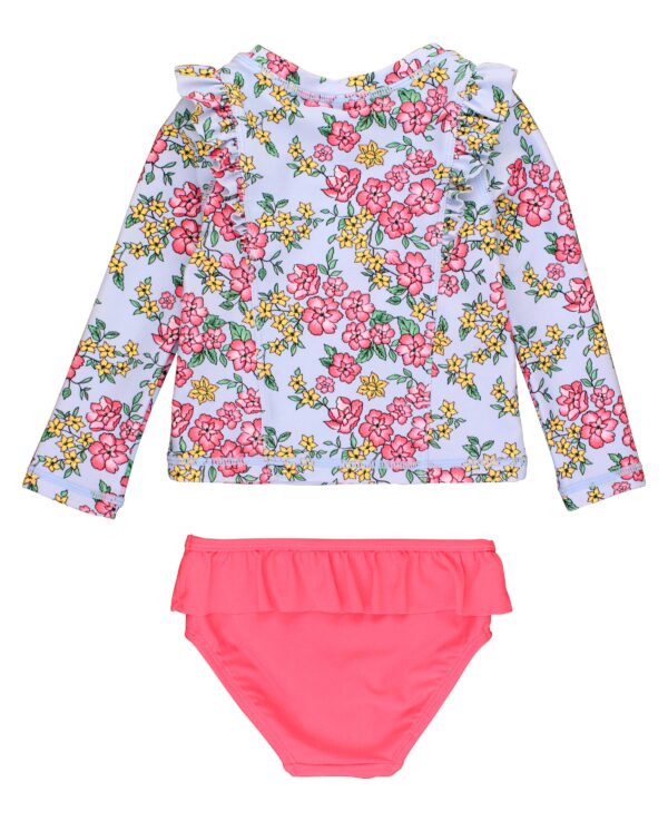 rufflebutts cheerful blossoms princess seam ruffle rash guard 2 piece Floral swimsuit set with ruffled top.