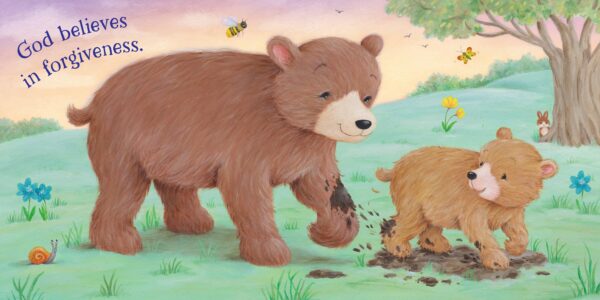kidsbooks publishing god believes in me Bear family walking through a colorful forest field.