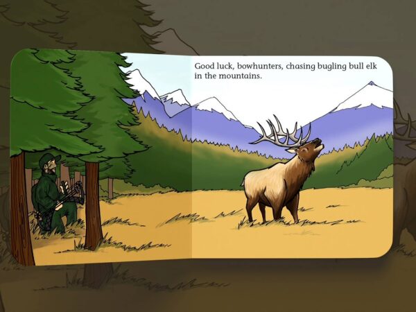 explore the outdoors books good luck hunters children's book Hunter stalking elk in mountain forest.