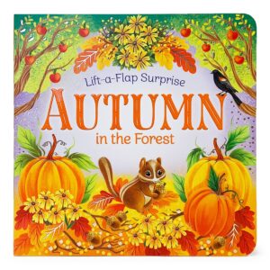 Colorful autumn book cover with pumpkins and forest animals.