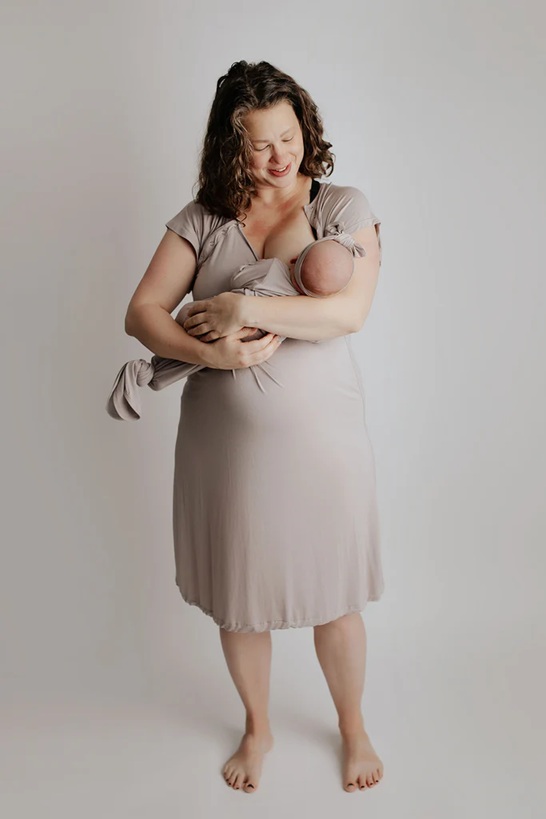 three little tots harbor mist maternity mommy labor and delivery/ nursing gown (1) Woman holding newborn baby in beige dress