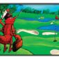 Cartoon lobster golfing on colorful course