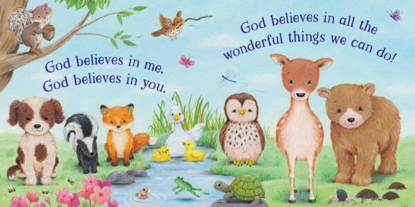kidsbooks publishing god believes in me Illustration of diverse animals with inspirational quote.