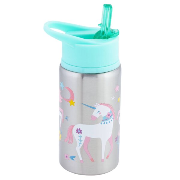 stephen joseph gifts stainless steel water bottles Unicorn-themed water bottle with straw lid.