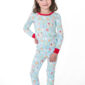 Child wearing festive Christmas pajamas.