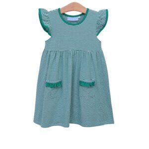 Green and white striped children's dress on hanger.