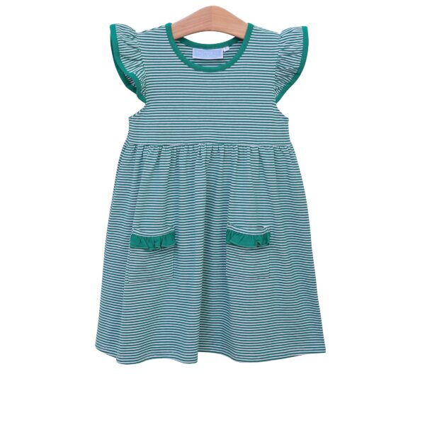 Green and white striped children's dress on hanger.