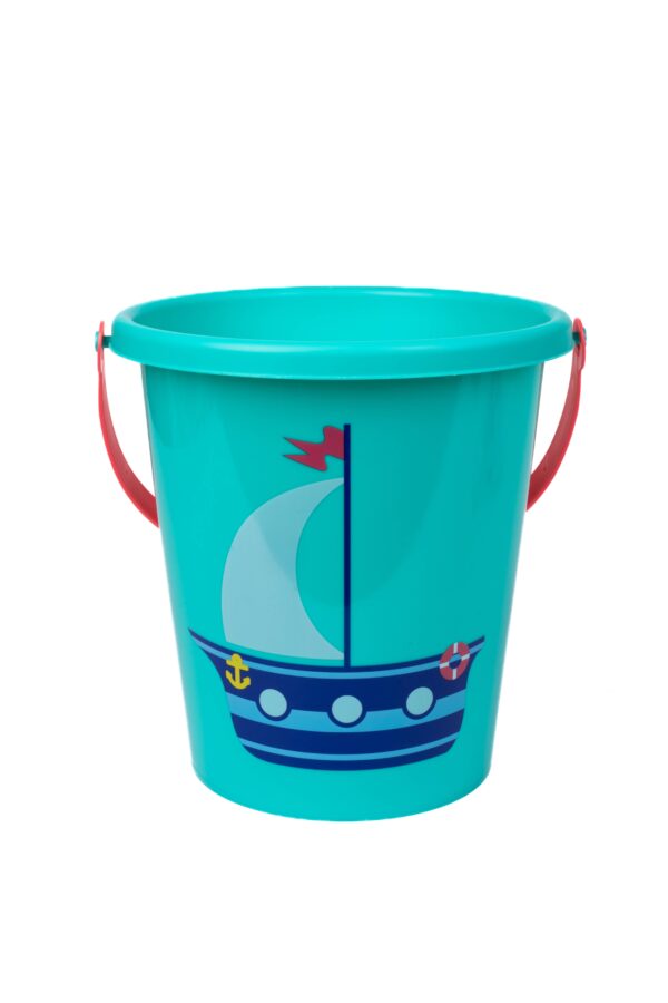 toysmith toysmith 6 piece set ship sand bucket set Blue bucket with sailboat design and red handle.