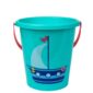 Blue bucket with sailboat design and red handle.