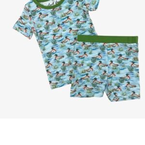 Children's pajamas with colorful duck pattern.