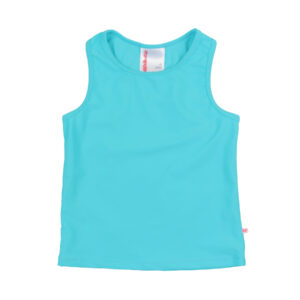 Turquoise sleeveless tank top on white background.