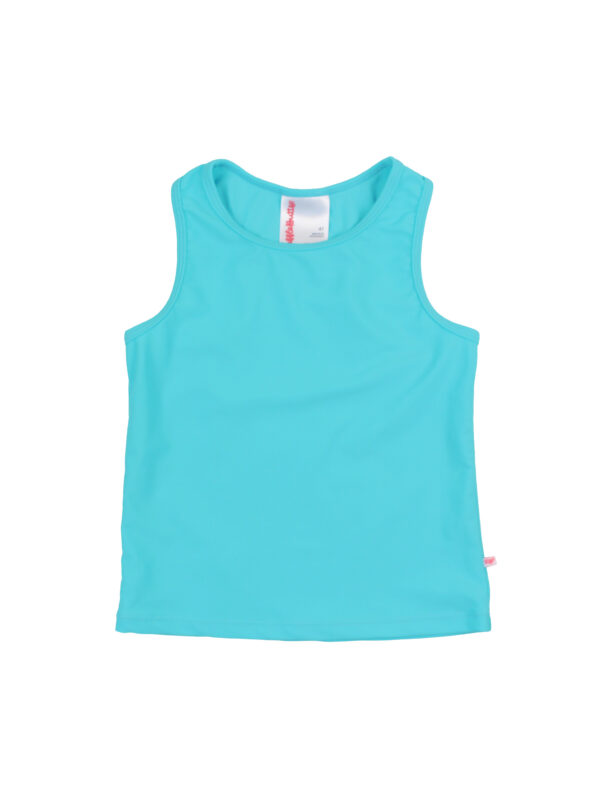 rufflebutts coral floral active butterfly shorts and tank set Turquoise sleeveless tank top on white background.