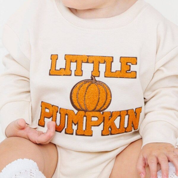 sweet wink little pumpkin patch long sleeve romper unisex Baby wearing 'Little Pumpkin' sweater