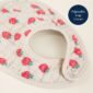 Strawberry print baby bib with adjustable snap closure.