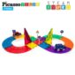 Colorful magnetic tiles toy with cars on track.