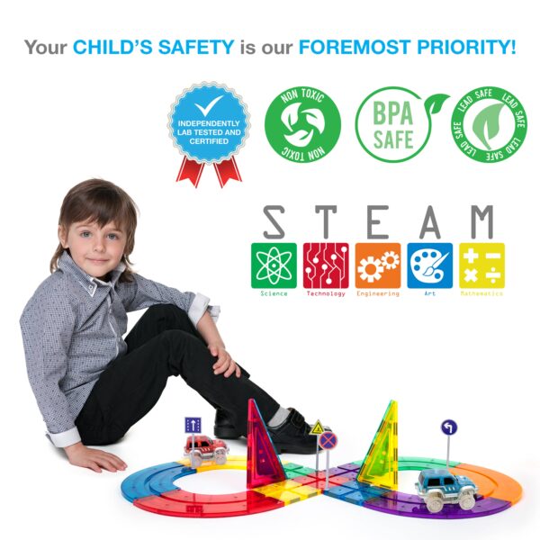 picassotiles 50 piece racetrack Child playing with colorful educational STEAM toys.