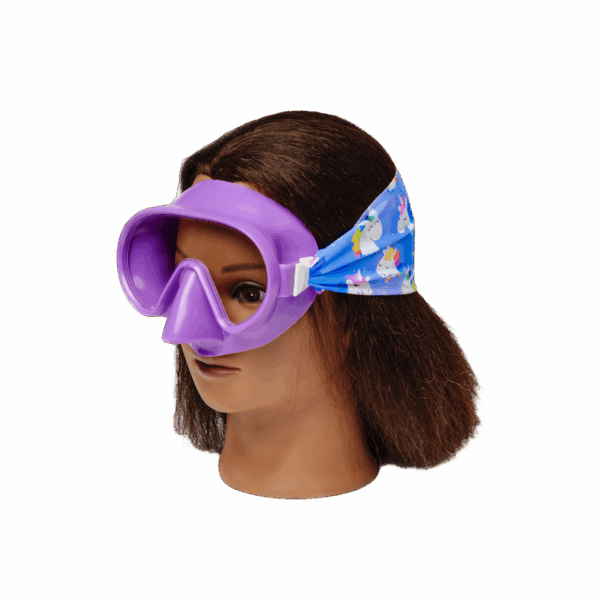 splash place swim goggles mask rainbow unicorn swim mask Mannequin wearing purple dive mask