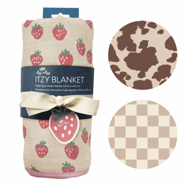 itzy ritzy itzy blanket™: giddy up! Itzy Ritzy strawberry blanket and patterns display.