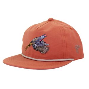 Orange cap with embroidered bird design.