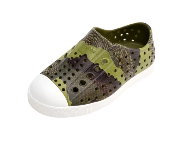Green and black perforated slip-on shoe.