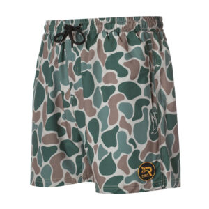 Green and brown camouflage swim shorts with logo.