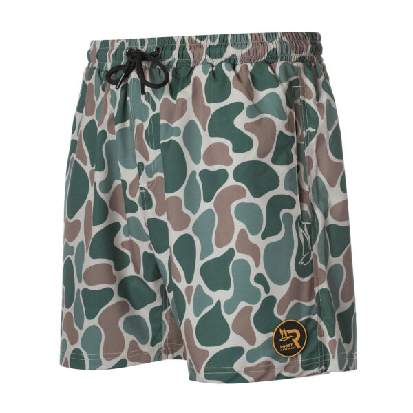 Green and brown camouflage swim shorts with logo.