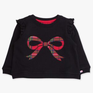 Black sweater with plaid bow design.
