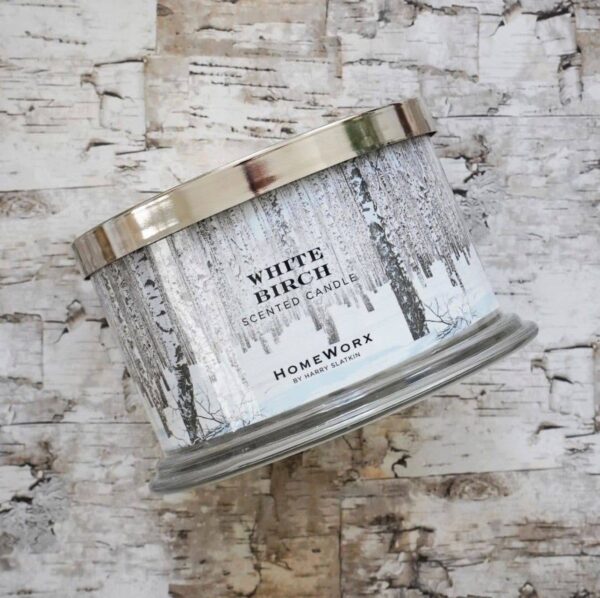 homeworx by slatkin + co. white birch 4 wick candle White Birch scented candle on birch background.