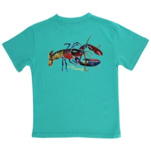 Teal shirt with colorful lobster design.