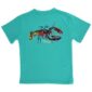 Teal shirt with colorful lobster design.